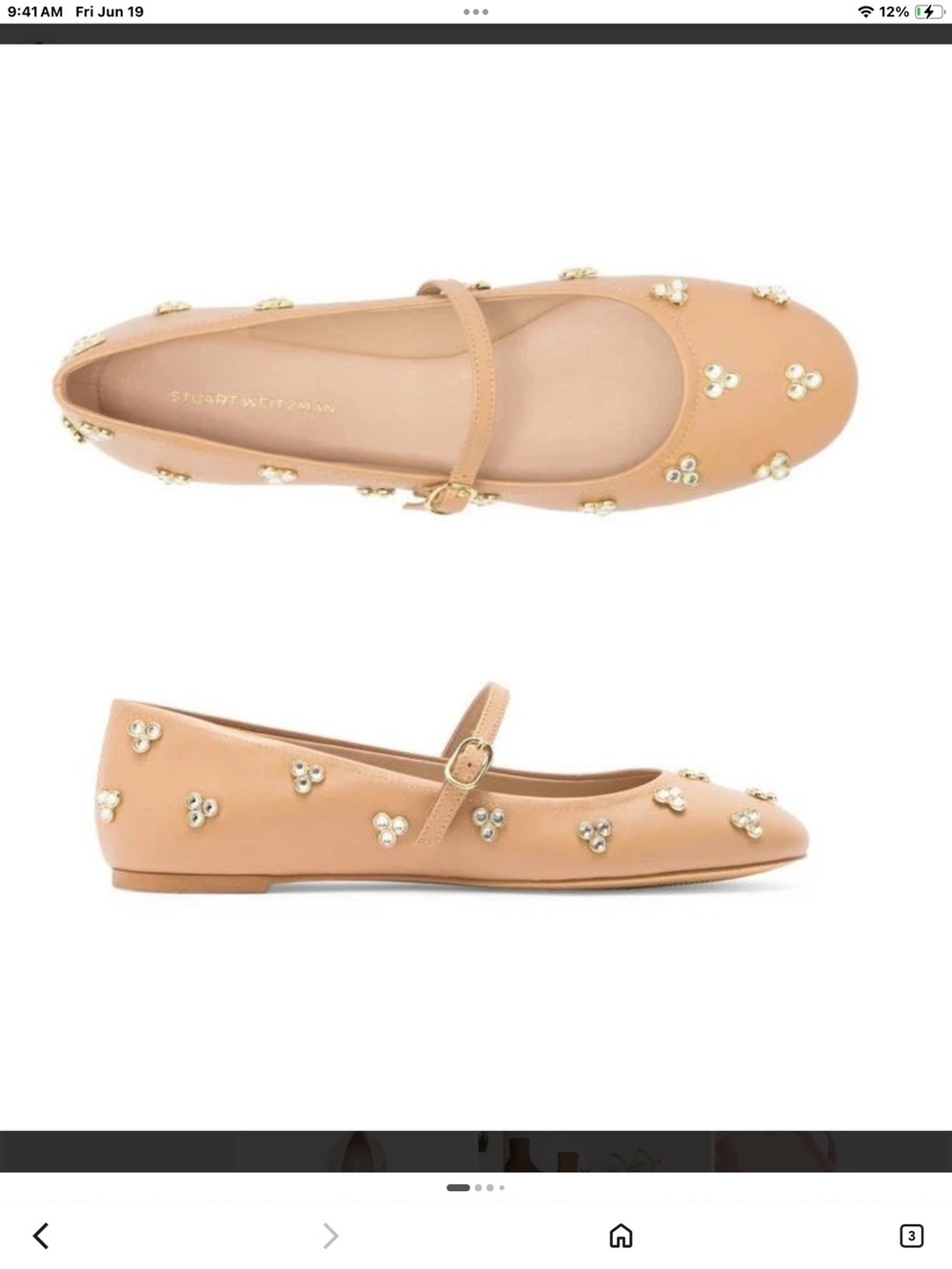 Stuart Weitzman Rhinestone Nude Pink Mary Jane Flats with Gold Pearl Accents